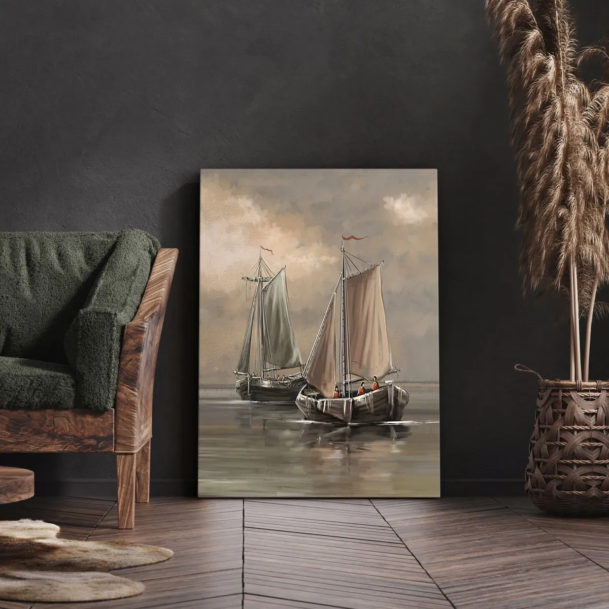 Impression sur toile - Image sur toile - Voiliers sur une mer calme dans un décor pastel - 50x70cm - Le retour des marins - Décoration murale moderne pour le salon et la chambre ARTTOR