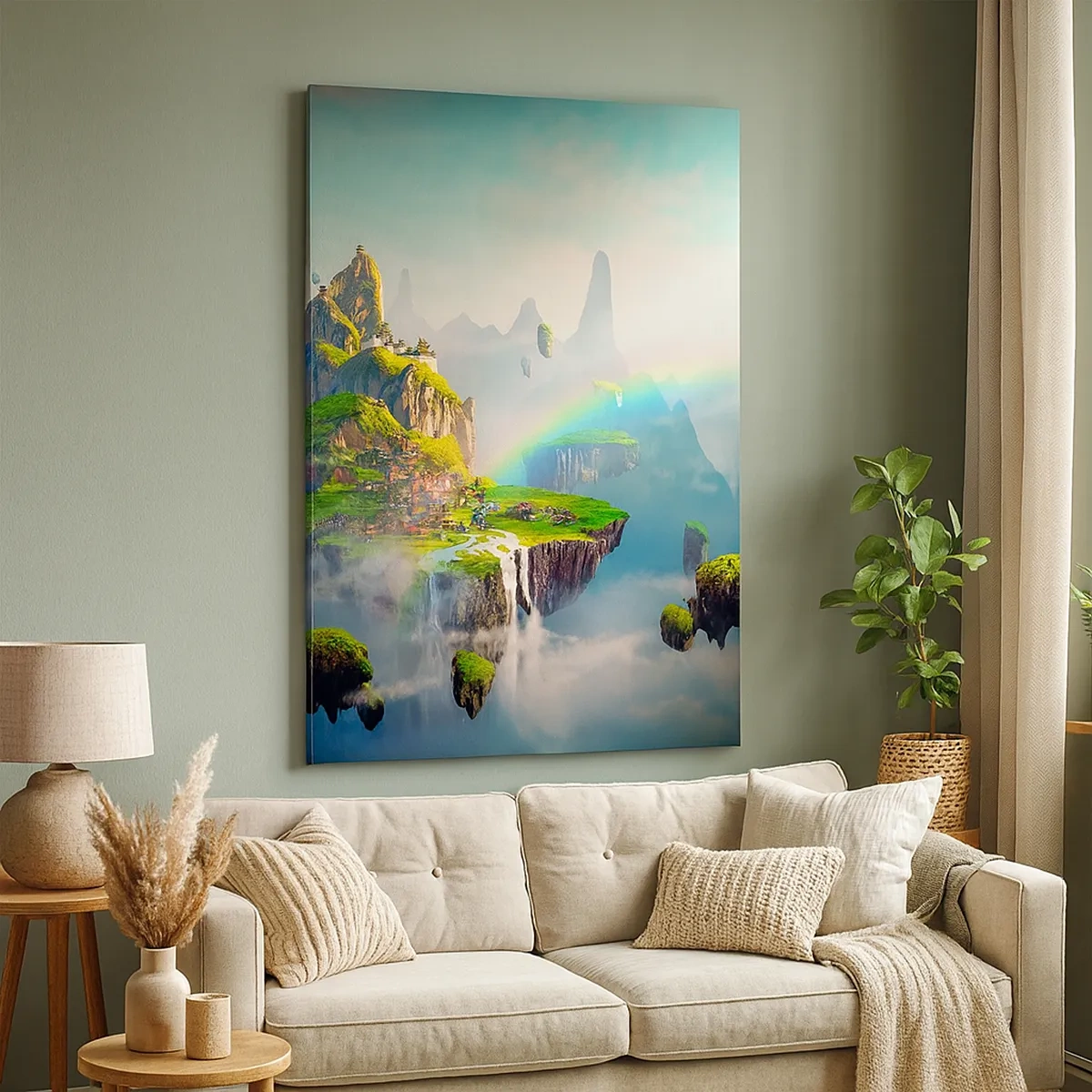 Impression sur toile - Image sur toile - Des îles volantes parmi les nuages avec un arc-en-ciel à l'horizon - 50x70cm - Au milieu des cieux - îles du bonheur - Décoration murale moderne pour le salon et la chambre ARTTOR