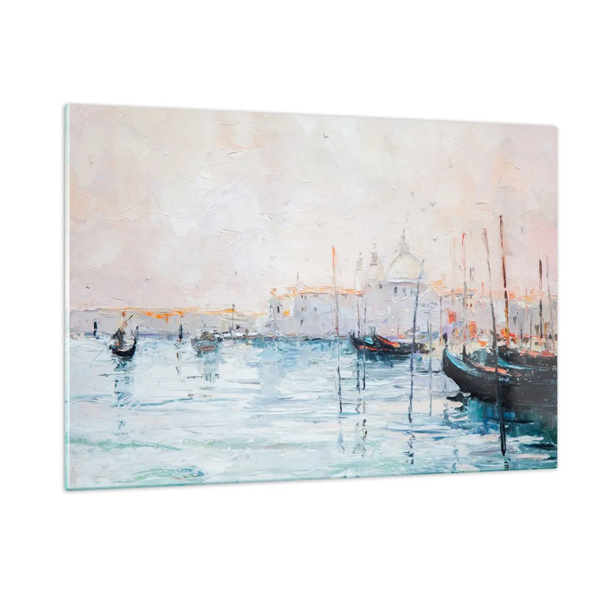 Impression sur verre - Image sur verre - Paysage impressionniste avec bateaux et bâtiments - 120x80cm - Derrière l'eau, derrière le brouillard - Décoration murale moderne pour le salon et la chambre ARTTOR