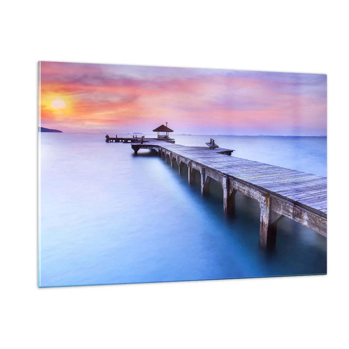Impression sur verre - Image sur verre - Jetée en bois au lever du soleil sur une eau calme - 120x80cm - Une mer de calme jusqu'à l'horizon - Décoration murale moderne pour le salon et la chambre ARTTOR