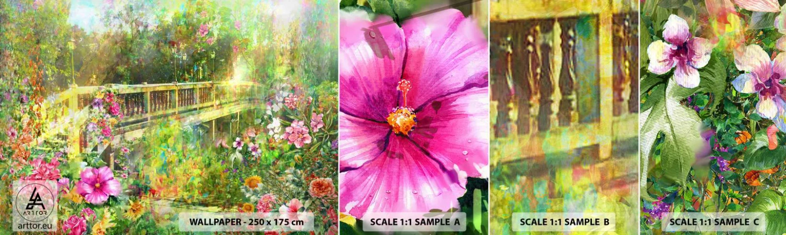 Échantillon De Papier Peint Standard Eco - Le soupire d'un pont de printemps - Paysage, Fleurs, Jardin - 100x30 cm