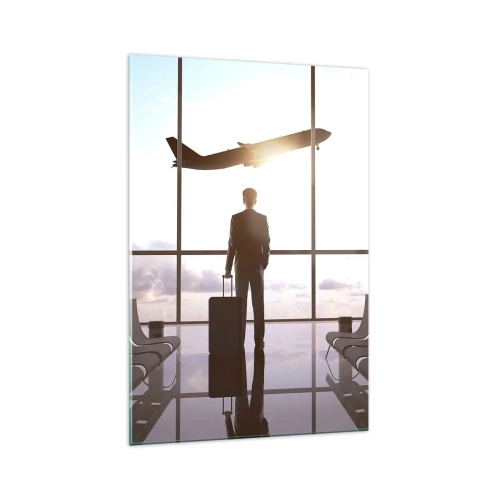Impression sur verre - Image sur verre - Homme d'affaires à l'aéroport avec un avion en arrière-plan - 70x100cm - Vous avez le temps, ralentissez - Décoration murale moderne pour le salon et la chambre ARTTOR