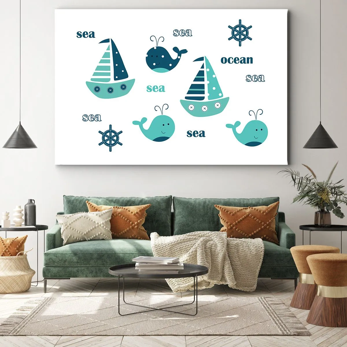 Impression sur toile - Image sur toile - Charmants motifs nautiques avec des baleines et des voiliers - 120x80cm - À travers les mers et les océans - Décoration murale moderne pour le salon et la chambre ARTTOR