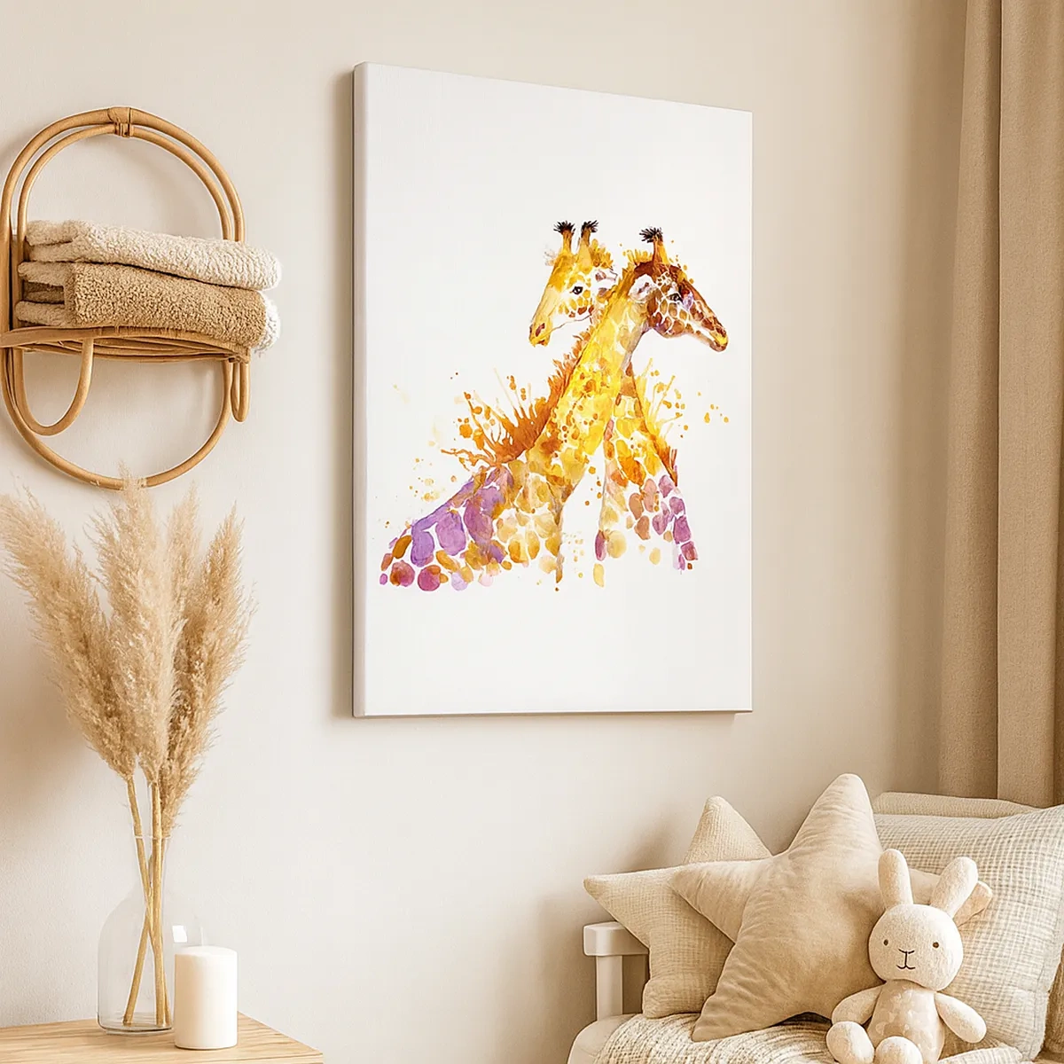Impression sur toile - Image sur toile - Girafes à l'aquarelle aux tons colorés - 50x70cm - Est-ce de l'amitié ou de l'amour? - Décoration murale moderne pour le salon et la chambre ARTTOR