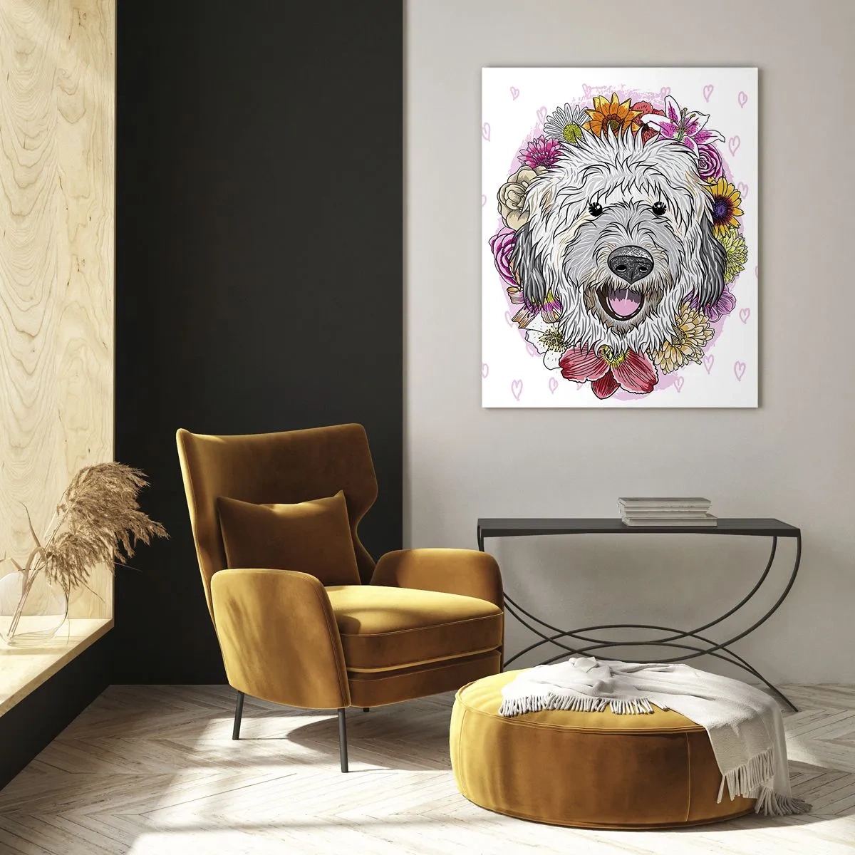 Impression sur verre - Image sur verre - Illustration d'un chien entouré de fleurs - 50x70cm - La joie du chiot - Décoration murale moderne pour le salon et la chambre ARTTOR