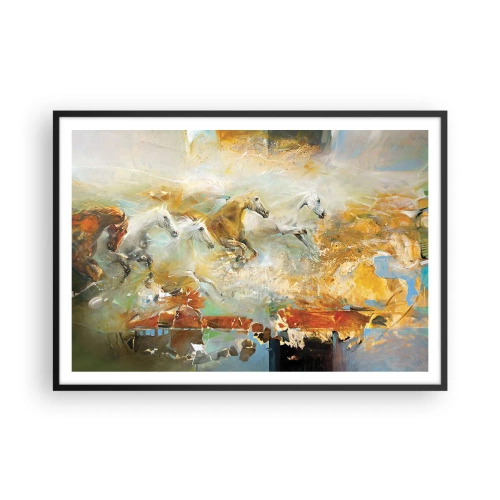 Affiche dans un cadre noir - Poster - Des chevaux artistiques dans un cadre dynamique et coloré - 100x70cm - Au galop vers la lumière - Décoration murale moderne pour le salon et la chambre ARTTOR