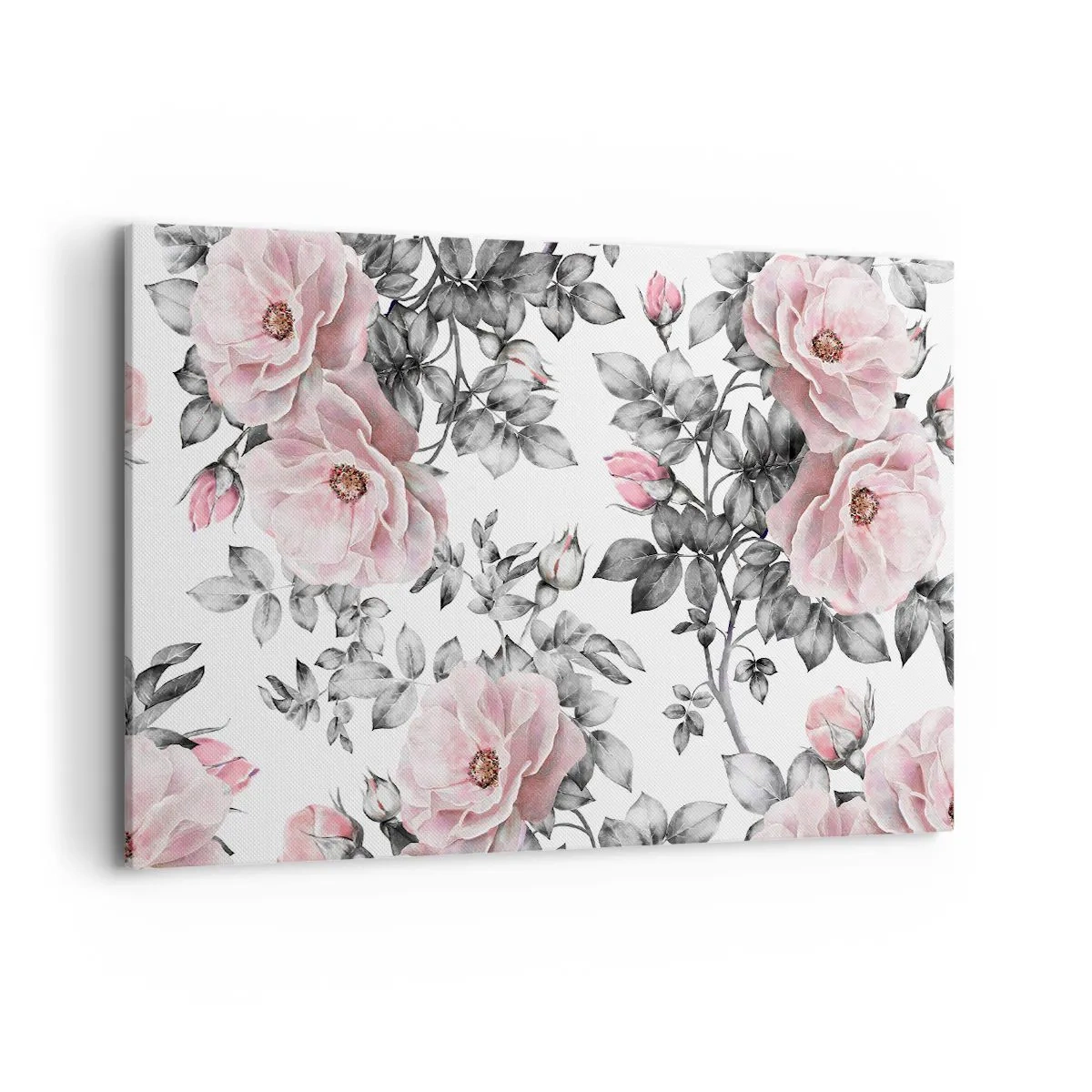 Impression sur toile - Image sur toile - Roses roses et feuilles sur un délicat fond noir et blanc - 120x80cm - Se perdre dans les fleurs des roses - Décoration murale moderne pour le salon et la chambre ARTTOR