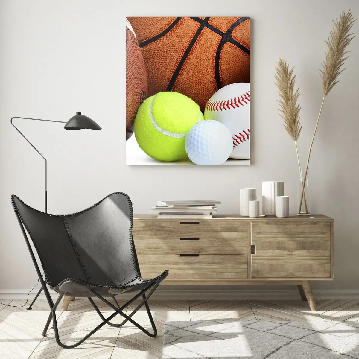 Impression sur verre - Image sur verre - Ballons de diverses disciplines sportives - 80x120cm - Le football nous connecte ! - Décoration murale moderne pour le salon et la chambre ARTTOR