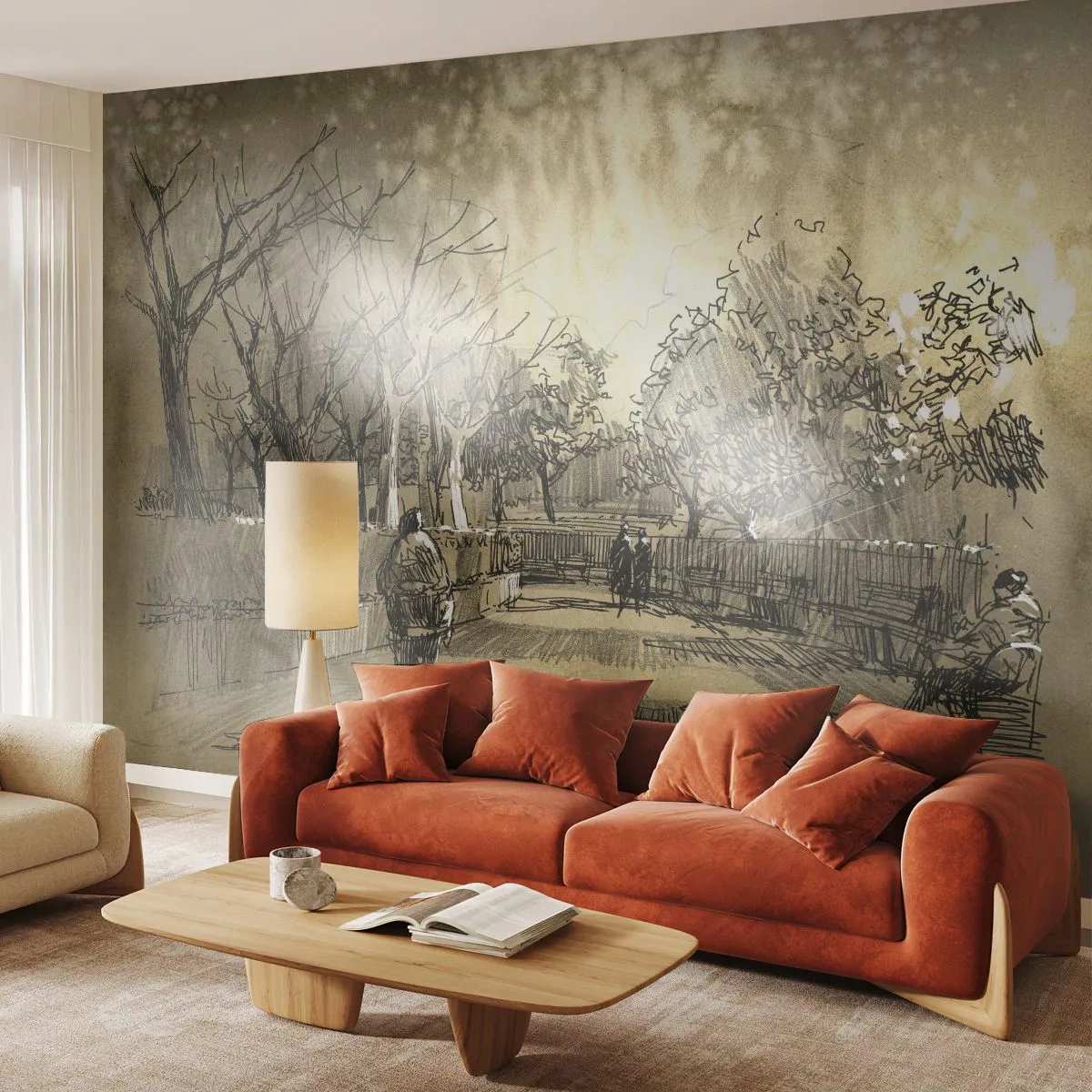 Papier Peint Photo Premium Sand - Paysage de parc esquissé dans des tons sépia chauds avec des personnages - 100x70cm - Un moment arrêté avec une plume - Décoration murale moderne pour le salon et la chambre ARTTOR