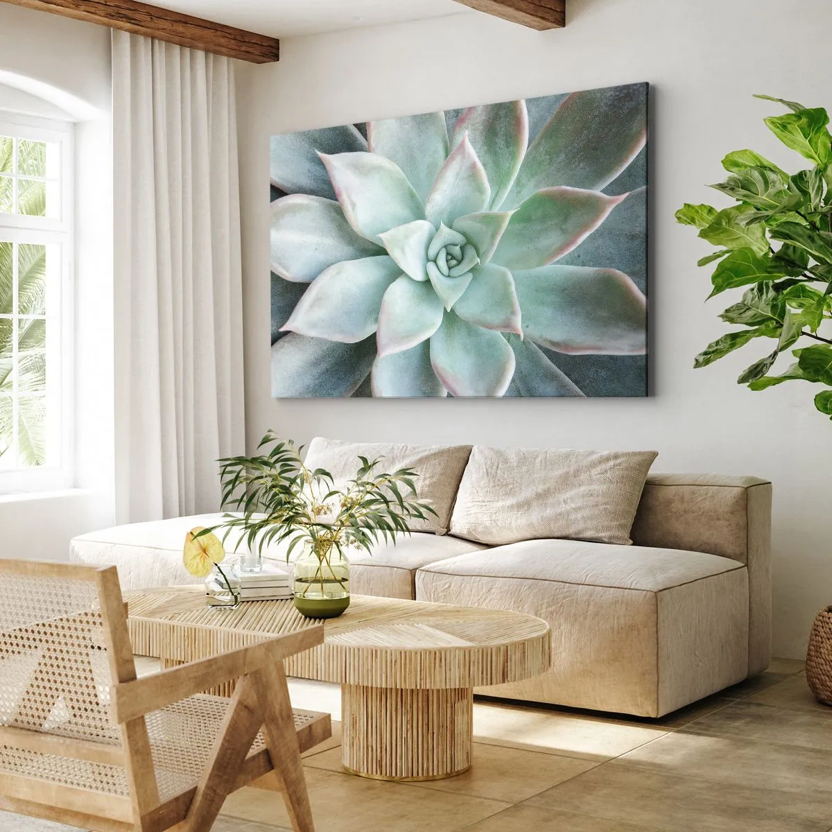 Impression sur toile - Image sur toile - Gros plan d'une succulente verte - 120x80cm - Le coeur du désert - Décoration murale moderne pour le salon et la chambre ARTTOR