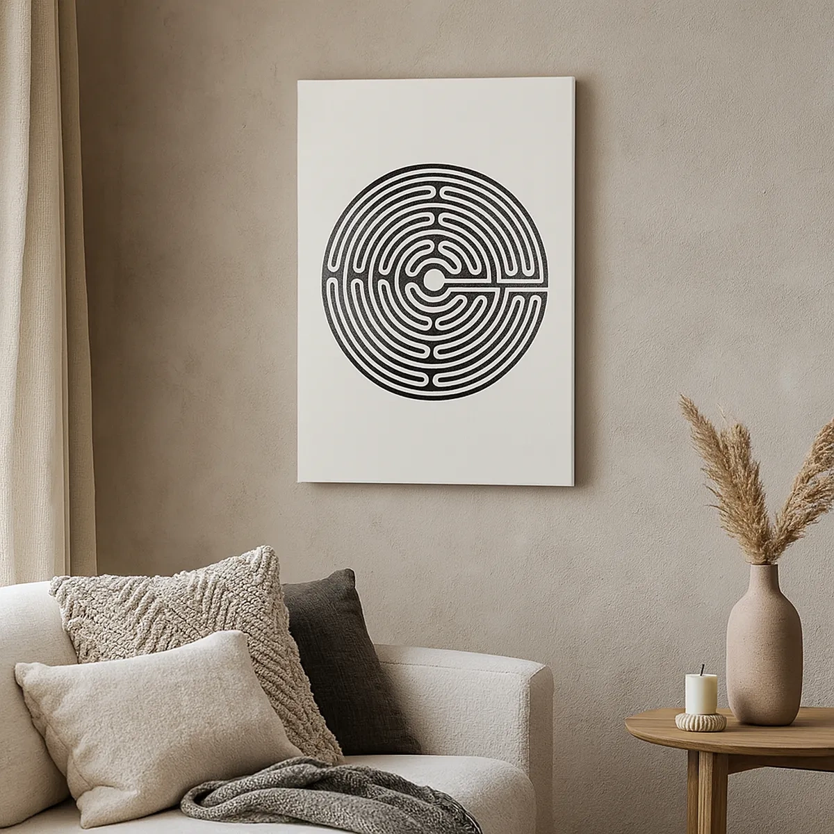 Impression sur toile - Image sur toile - Labyrinthe circulaire noir et blanc sur fond clair - 50x70cm - Ordre mystérieux - Décoration murale moderne pour le salon et la chambre ARTTOR
