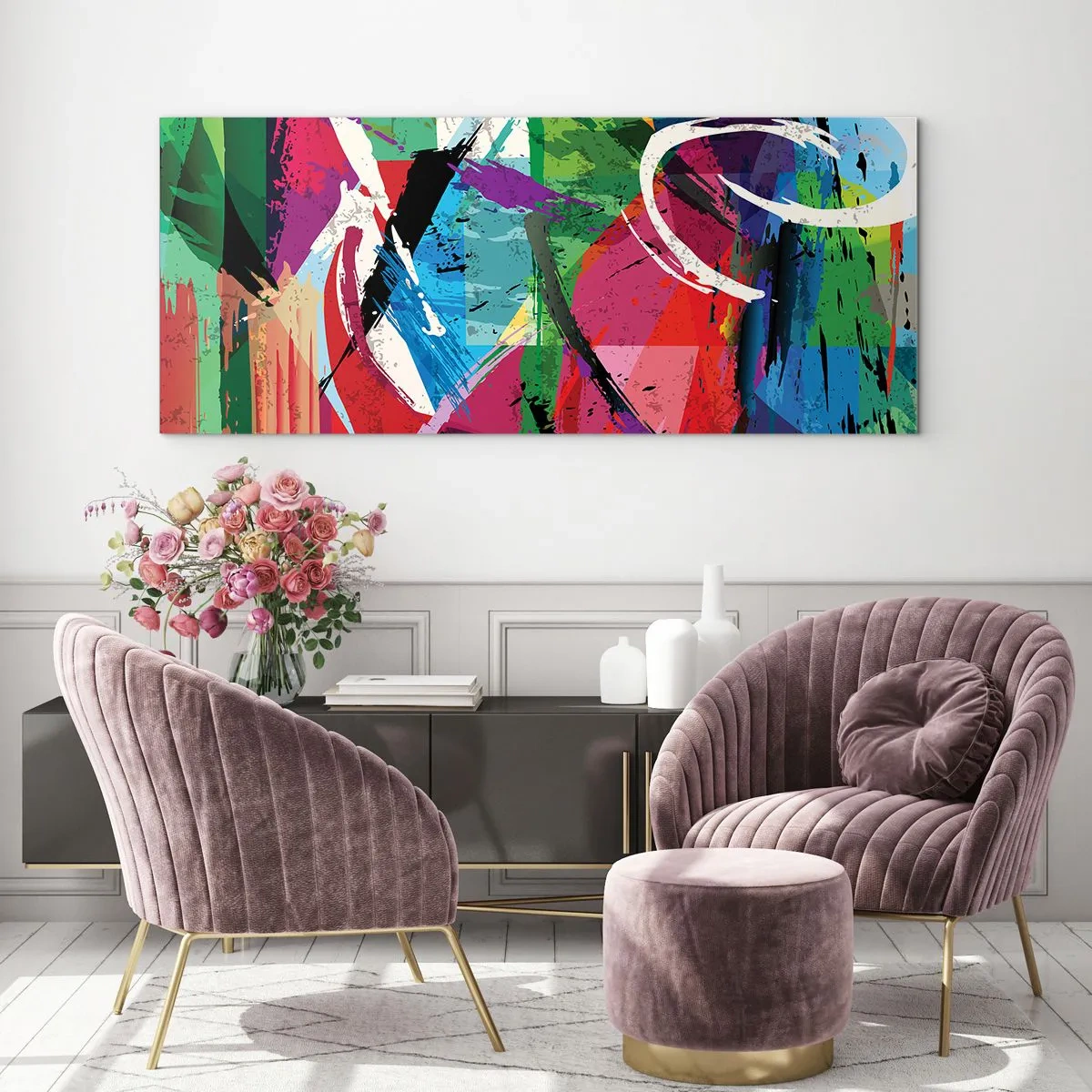 Impression sur verre - Image sur verre - Abstraction colorée avec des coups de pinceau dynamiques - 120x50cm - Rapide, vif et bondissant - Décoration murale moderne pour le salon et la chambre ARTTOR