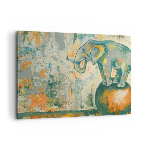 Impression sur toile - Image sur toile - Un éléphant en équilibre sur une balle dans un style artistique - 100x70cm - Que vive le cirque ! - Décoration murale moderne pour le salon et la chambre ARTTOR
