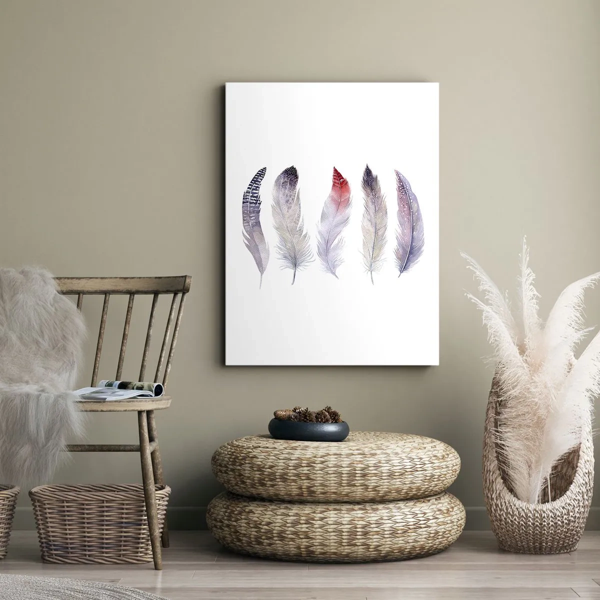 Impression sur toile - Image sur toile - Cinq plumes délicates aux tons pastel sur fond clair - 50x70cm - Délicat comme un brouillard multicolore - Décoration murale moderne pour le salon et la chambre ARTTOR