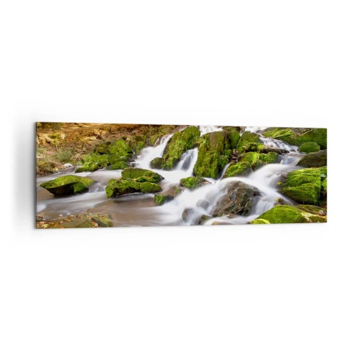 Impression sur toile - Image sur toile - Un paysage boisé avec une cascade entourée de mousse - 160x50cm - Rapidement à travers la forêt d'automne - Décoration murale moderne pour le salon et la chambre ARTTOR