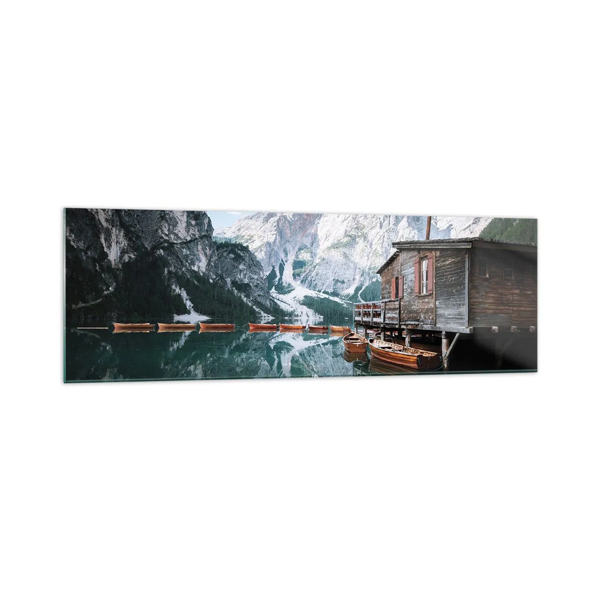 Impression sur verre - Image sur verre - Un chalet en bois au bord d'un lac de montagne tranquille - 160x50cm - Un matin cristallin en montagne - Décoration murale moderne pour le salon et la chambre ARTTOR