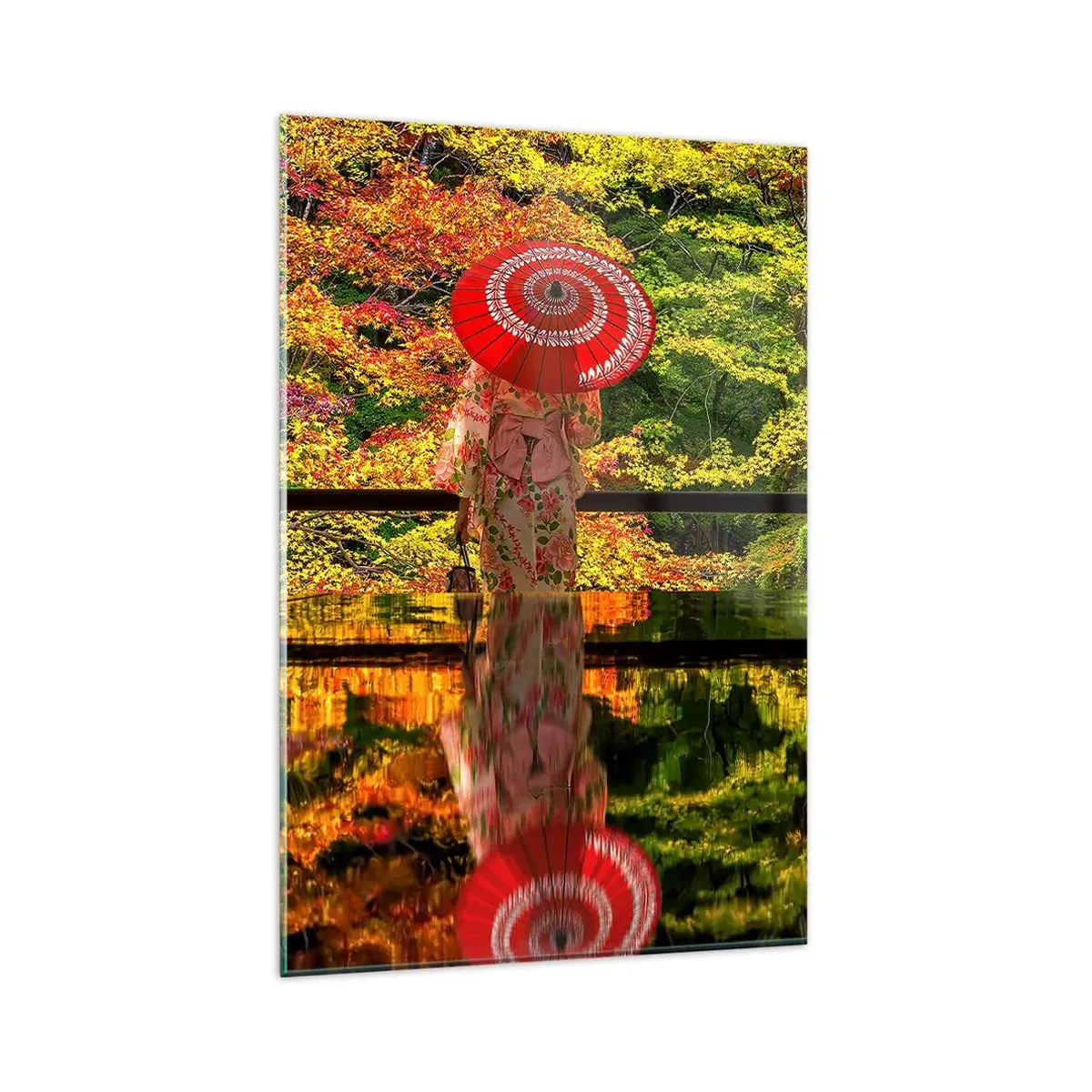 Impression sur verre - Image sur verre - Une femme en kimono avec un parapluie sur fond de paysage d'automne. - 80x120cm - Dans le temple de la nature - Décoration murale moderne pour le salon et la chambre ARTTOR