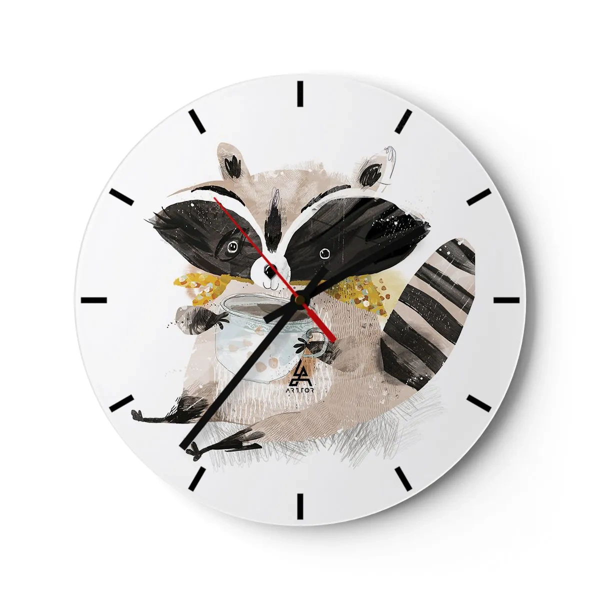 Horloge murale - Pendule murale - Un mignon raton laveur tenant une tasse de boisson chaude sur un fond blanc - 30x30cm - Mon ami le raton laveur - Décoration murale moderne pour le salon, la cuisine et la chambre ARTTOR