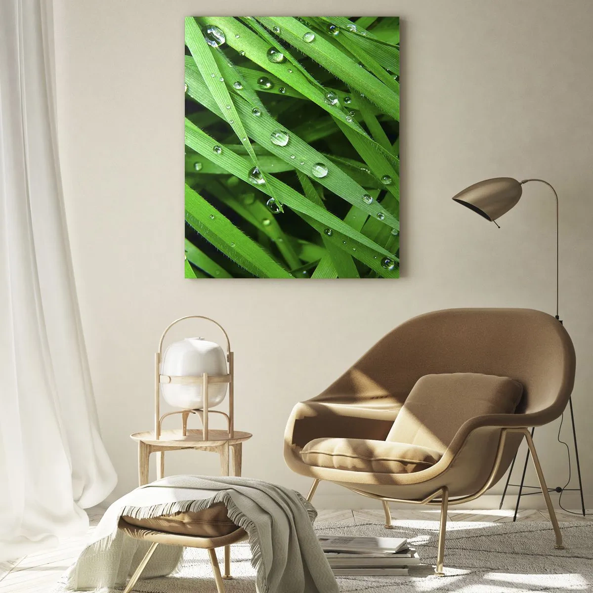 Impression sur verre - Image sur verre - Des brins d'herbe verts avec des gouttes de rosée - 50x70cm - Jouez dans le vert - Décoration murale moderne pour le salon et la chambre ARTTOR