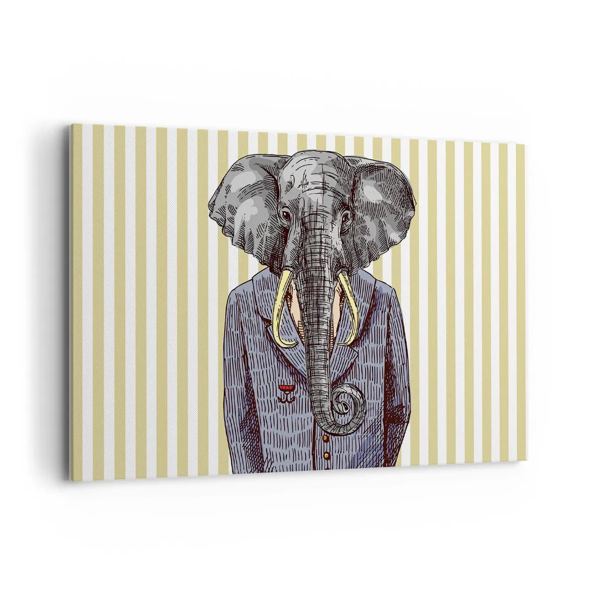 Impression sur toile - Image sur toile - Un éléphant en costume sur fond de rayures beiges - 100x70cm - Élégant par nature - Décoration murale moderne pour le salon et la chambre ARTTOR