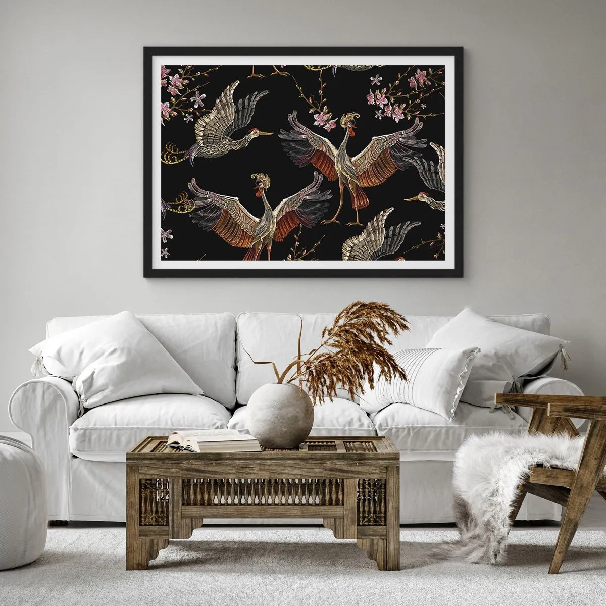 Affiche dans un cadre noir - Poster - Grues et fleurs élégantes sur fond noir - 70x50cm - Un oiseau de conte de fées - Décoration murale moderne pour le salon et la chambre ARTTOR
