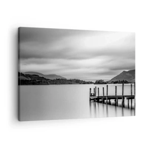 Impression sur toile - Image sur toile - Paysage noir et blanc avec une jetée sur un lac - 70x50cm - Douceur et force - Décoration murale moderne pour le salon et la chambre ARTTOR