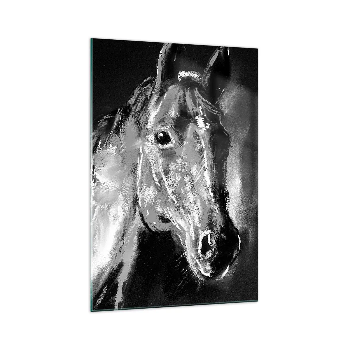 Impression sur verre - Image sur verre - Portrait d'un cheval dans un style dynamique en noir et blanc - 70x100cm - L'éclat d'une âme noble - Décoration murale moderne pour le salon et la chambre ARTTOR