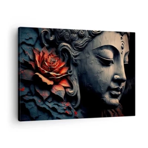 Impression sur toile - Image sur toile - Sculpture de Bouddha avec une fleur de lotus rouge - 70x50cm - En harmonie avec le monde - Décoration murale moderne pour le salon et la chambre ARTTOR