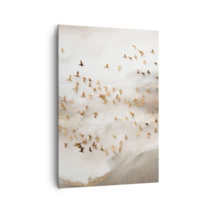 Impression sur toile - Image sur toile - Oiseaux dorés contre les montagnes brumeuses - 70x100cm - Il est l'heure… - Décoration murale moderne pour le salon et la chambre ARTTOR