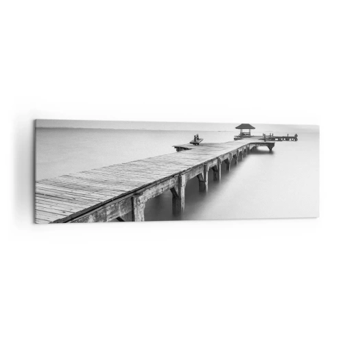 Impression sur toile - Image sur toile - Une vue en noir et blanc d'une jetée en bois sur une eau calme. - 160x50cm - À l'horizon - Décoration murale moderne pour le salon et la chambre ARTTOR