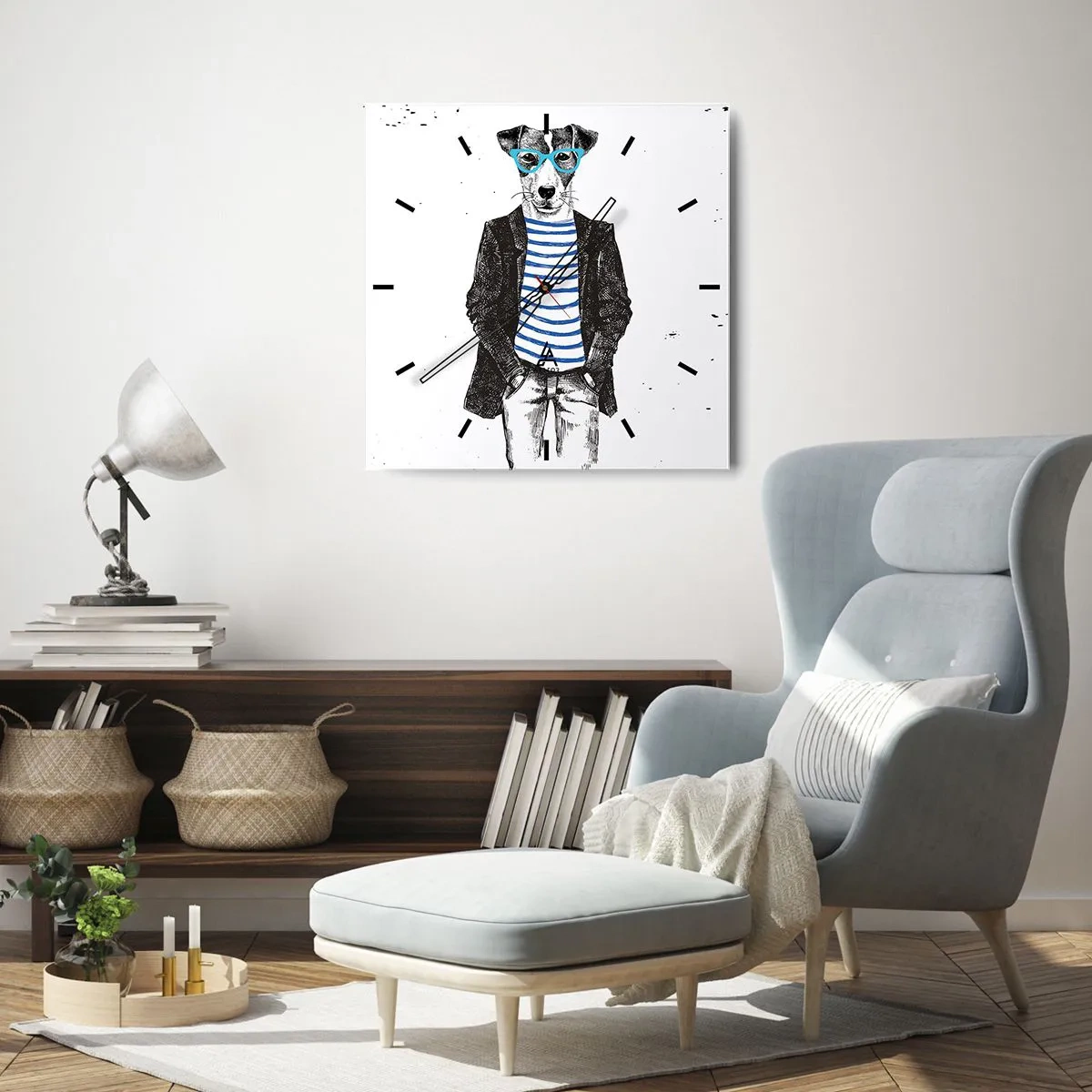 Horloge murale - Pendule murale - Portrait d'un chien portant des lunettes et une chemise de marin dans un style humoristique - 30x30cm - Un charme de chien - Décoration murale moderne pour le salon et la chambre ARTTOR