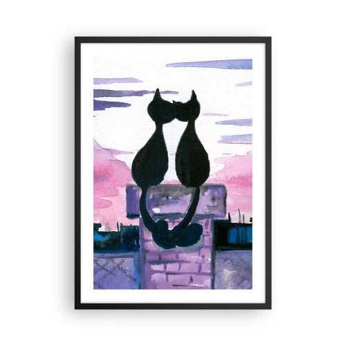 Affiche dans un cadre noir - Poster - Deux chats noirs contre un ciel rose-violet - 50x70cm - Rendez-vous sous la lune - Décoration murale moderne pour le salon et la chambre ARTTOR