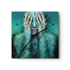 Horloge murale - Pendule murale - Une figure de femme avec un motif d'arbre sur un fond de paysage turquoise - 30x30cm - immergé dans l'azur - Décoration murale moderne pour le salon et la chambre ARTTOR