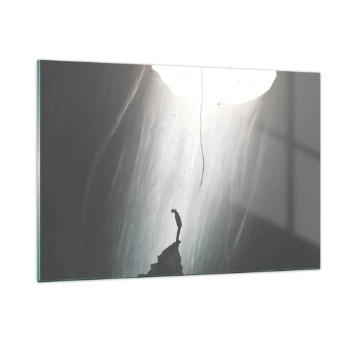 Impression sur verre - Image sur verre - Un homme debout dans l'obscurité au pied d'une sortie lumineuse au-dessus d'un abîme - 120x80cm - Il y a toujours une issue - Décoration murale moderne pour le salon et la chambre ARTTOR