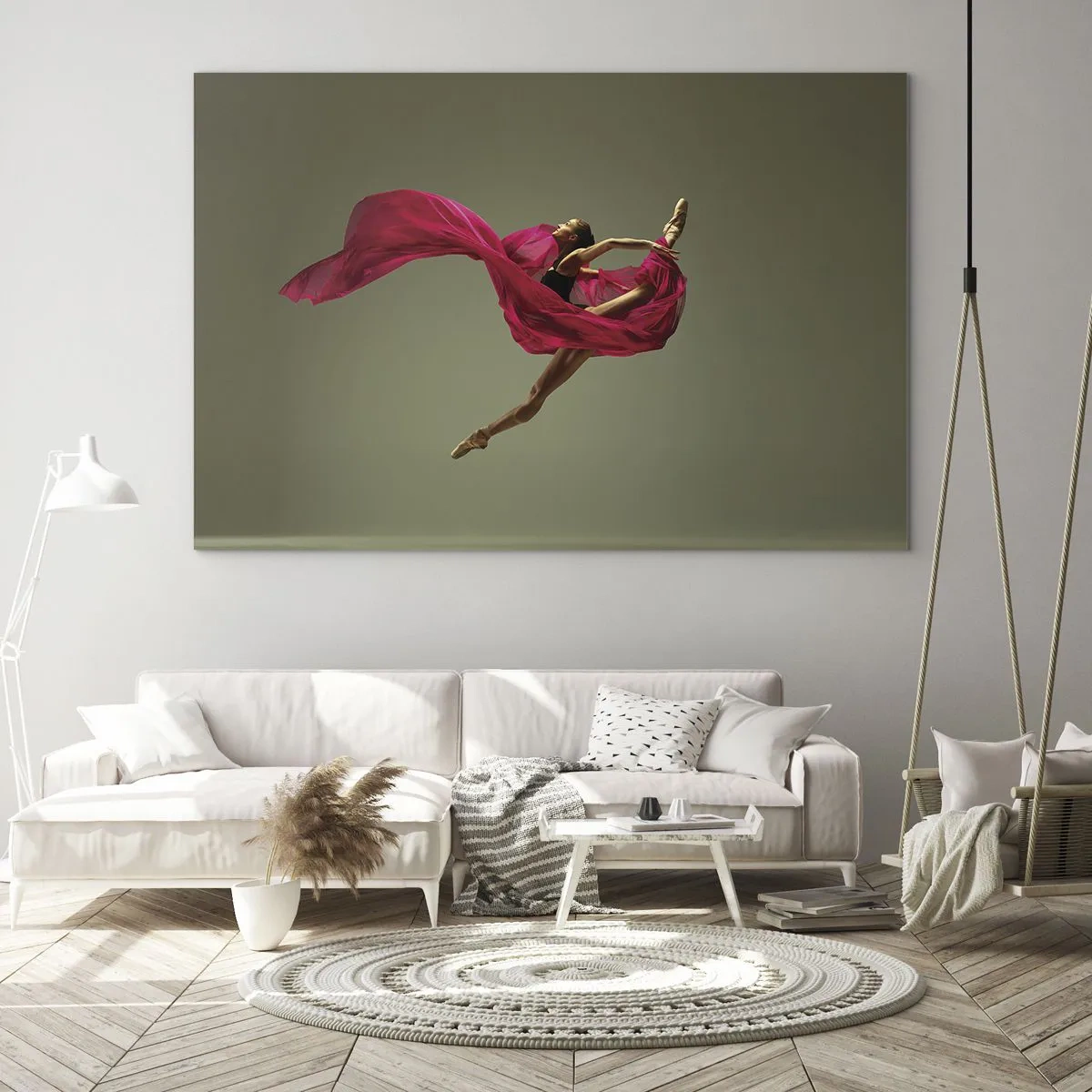 Impression sur verre - Image sur verre - Une danseuse en vol avec un tissu fuchsia fluide - 120x80cm - Flamme dansante - Décoration murale moderne pour le salon et la chambre ARTTOR