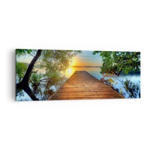 Impression sur toile - Image sur toile - Une jetée en bois entourée de verdure au coucher du soleil - 140x50cm - Prenez votre temps, asseyez-vous - Décoration murale moderne pour le salon et la chambre ARTTOR