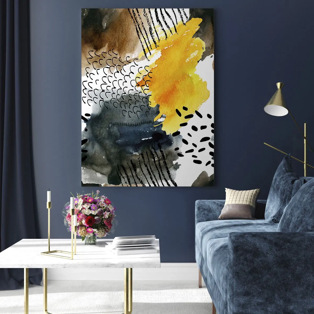 Impression sur verre - Image sur verre - Une composition abstraite avec des accents jaunes et des motifs graphiques. - 80x120cm - Rencontre des éléments - Décoration murale moderne pour le salon et la chambre ARTTOR