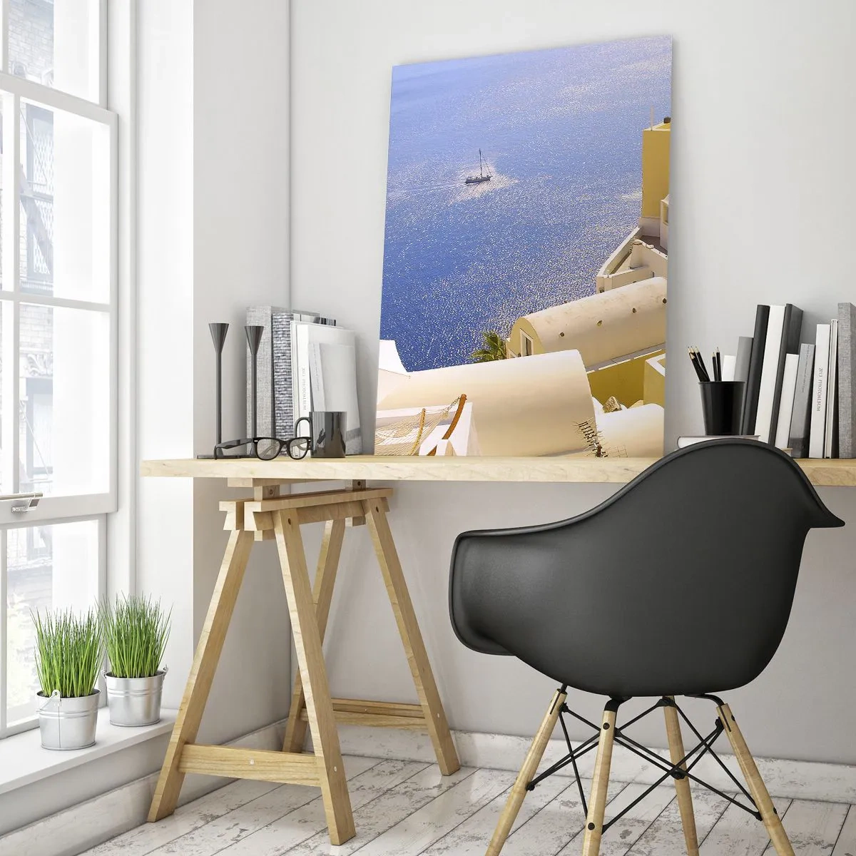 Impression sur verre - Image sur verre - Vue de Santorin avec la mer bleue et les bâtiments blancs - 50x70cm - Paysage grec en blanc et bleu ciel - Décoration murale moderne pour le salon et la chambre ARTTOR