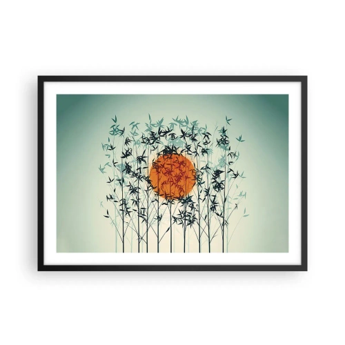 Affiche dans un cadre noir - Poster - Soleil orange parmi les branches de bambou - 70x50cm - Soleil japonnais - Décoration murale moderne pour le salon et la chambre ARTTOR