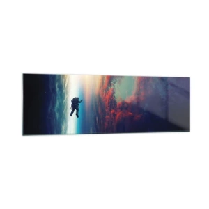 Impression sur verre - Image sur verre - Un astronaute flottant dans l'espace au-dessus d'une Terre colorée - 160x50cm - Affronter l'univers - Décoration murale moderne pour le salon et la chambre ARTTOR