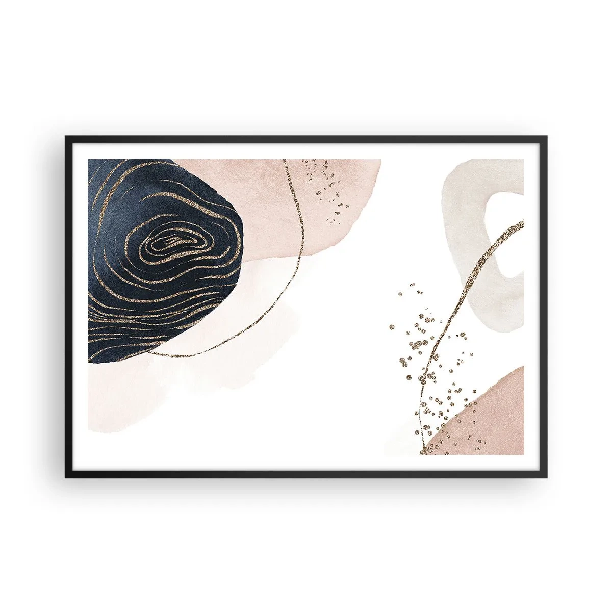 Affiche dans un cadre noir - Poster - Formes abstraites dans des tons beige et bleu marine avec des détails dorés - 100x70cm - Tout coule - Décoration murale moderne pour le salon et la chambre ARTTOR