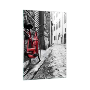 Impression sur verre - Image sur verre - Vélo rouge dans une rue en noir et blanc - 70x100cm - La vraie beauté ne vieillit pas - Décoration murale moderne pour le salon et la chambre ARTTOR