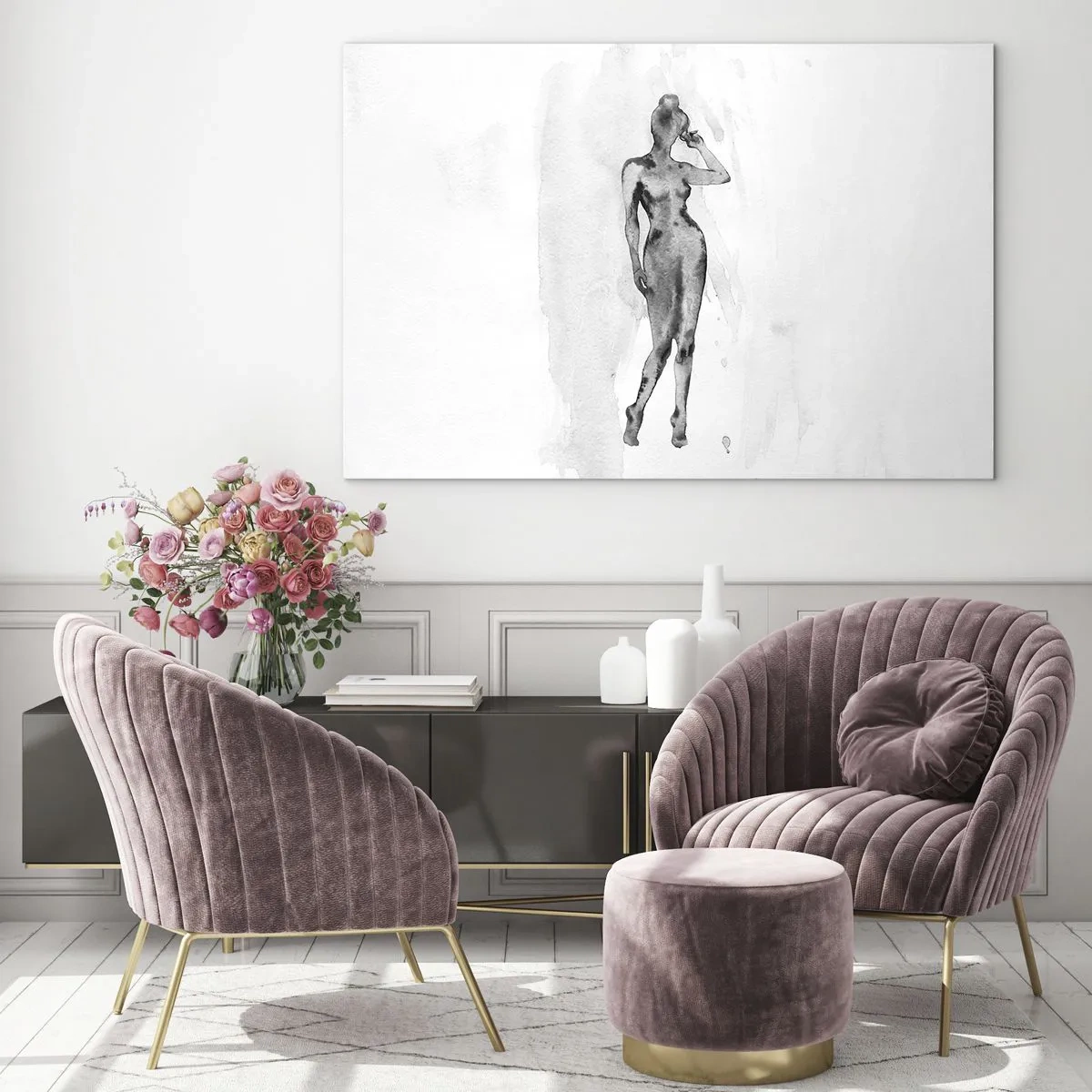 Impression sur verre - Image sur verre - Silhouette d'une femme en nuances de gris sur fond blanc - 70x50cm - Etude de l'idéal de la féminité - Décoration murale moderne pour le salon et la chambre ARTTOR