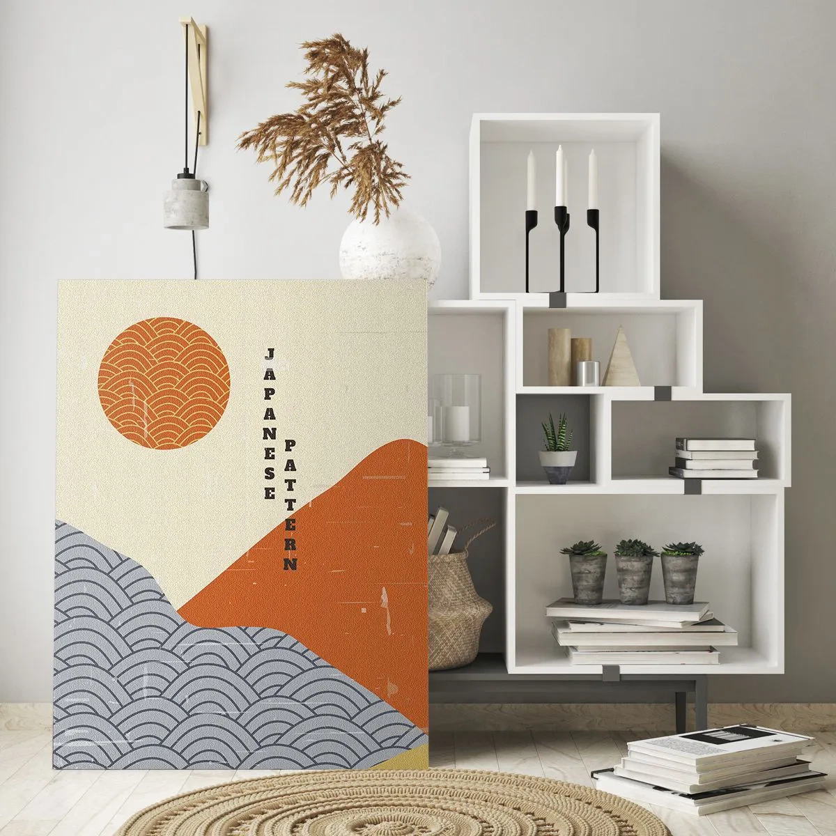Impression sur verre - Image sur verre - Motifs japonais avec montagnes, soleil et style minimaliste - 70x100cm - Dans l'esprit japonais - Décoration murale moderne pour le salon et la chambre ARTTOR