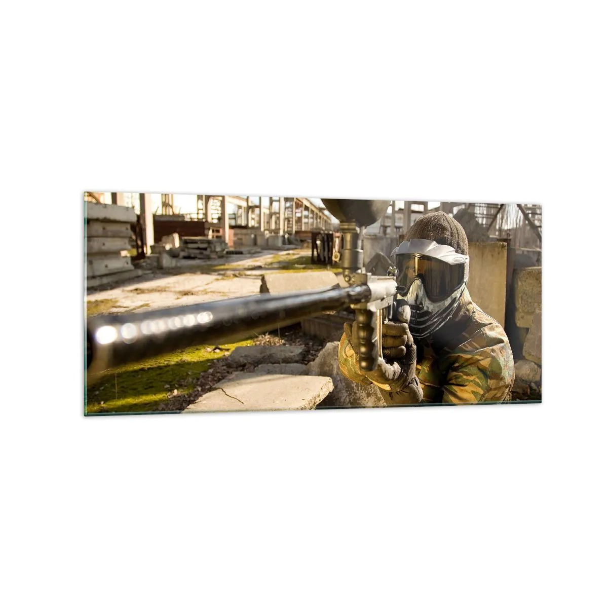 Impression sur verre - Image sur verre - Un joueur de paintball en tenue de camouflage visant un marqueur - 120x50cm - Et vous pouvez devenir un héros - Décoration murale moderne pour le salon et la chambre ARTTOR
