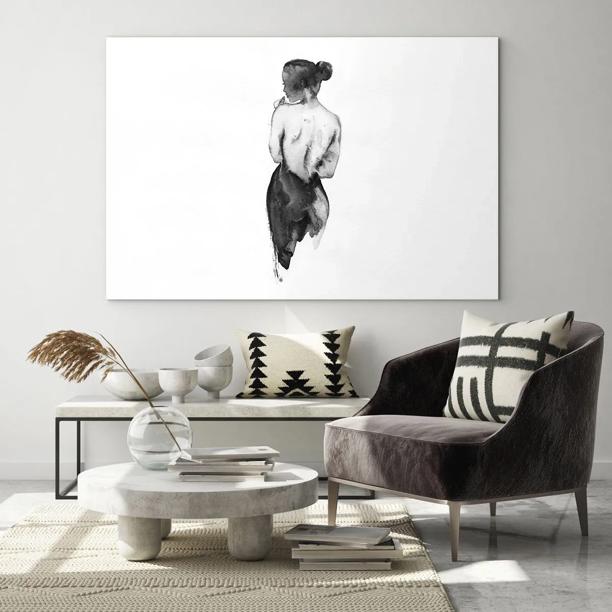 Impression sur verre - Image sur verre - Silhouette noire et blanche d'une femme dans un style aquarelle - 120x80cm - Auprès d'elle, le monde disparaît - Décoration murale moderne pour le salon et la chambre ARTTOR