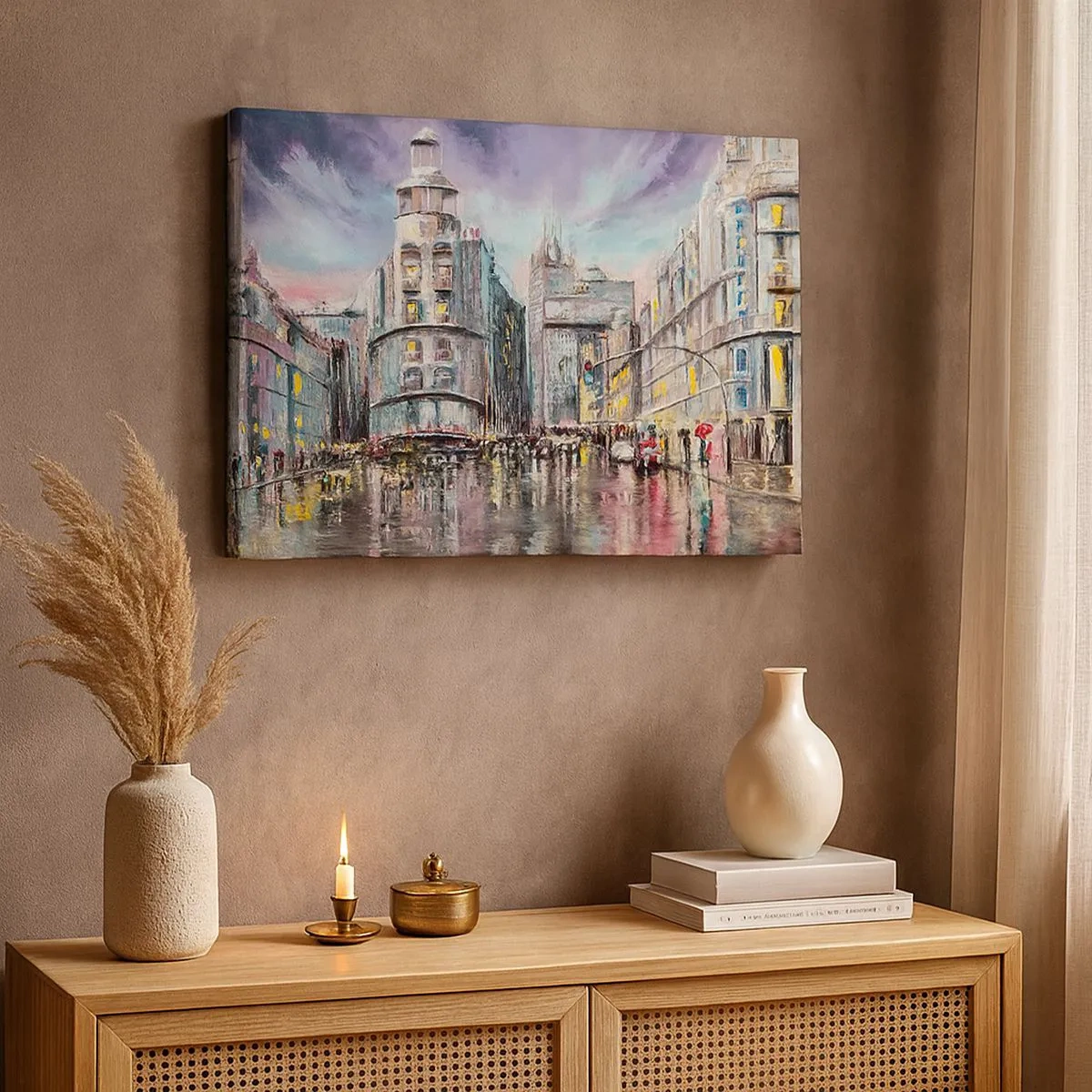 Impression sur toile - Image sur toile - Vue nocturne de la ville avec des reflets sur la rue mouillée - 70x50cm - Ce sera une soirée réussie - Décoration murale moderne pour le salon et la chambre ARTTOR