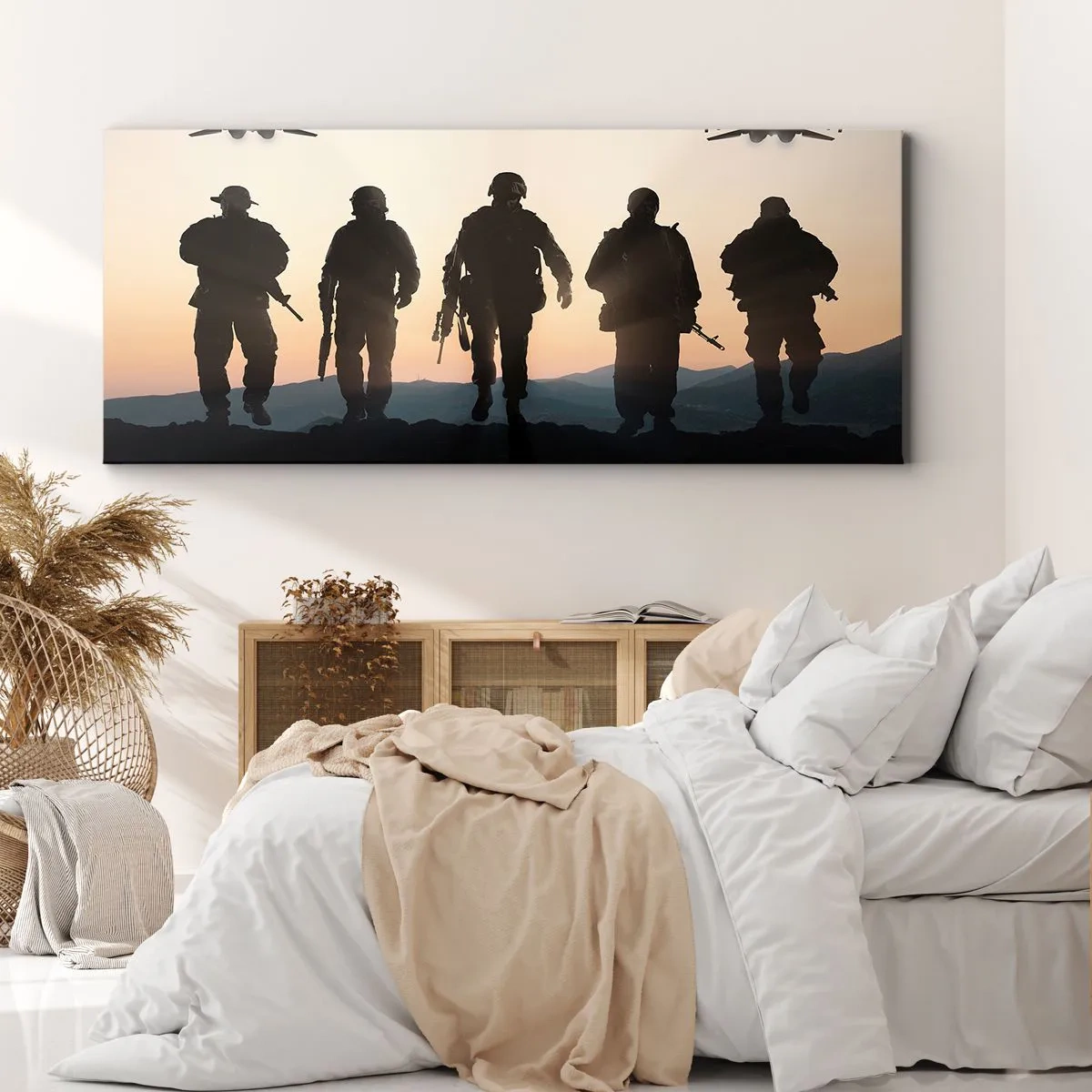 Impression sur toile - Image sur toile - Silhouettes de soldats et d'avions de chasse sur fond de coucher de soleil - 160x50cm - Bienvenue dans notre monde - Décoration murale moderne pour le salon et la chambre ARTTOR