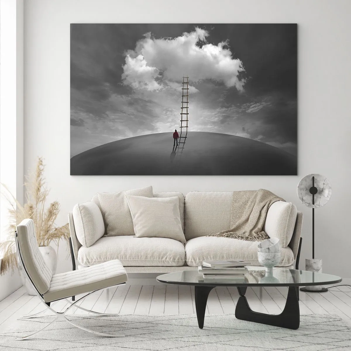 Impression sur verre - Image sur verre - Une personne regarde une échelle menant à un nuage. - 70x50cm - Tout est possible - Décoration murale moderne pour le salon et la chambre ARTTOR