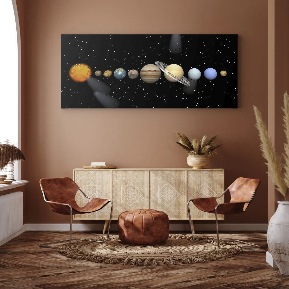 Impression sur toile - Image sur toile - Le système solaire avec des planètes sur fond d'étoiles dans l'espace - 160x50cm - Et les planètes sont folles, sont folles... - Décoration murale moderne pour le salon et la chambre ARTTOR